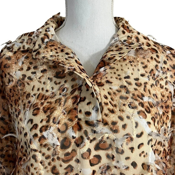 Feratelli Vintage Textured Frayed Leopard Cheetah Blouse Medium Sheer 3/4 Sleeve - Picture 3 of 10